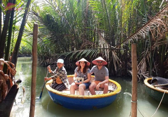 The boat is made of bamboo with a unique round shape