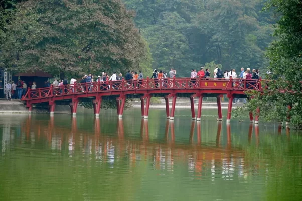 The Huc Bridge leads to Ngoc Son Temple