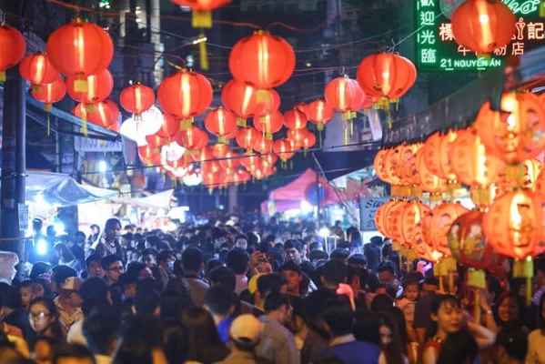 Crowded street during festival in Chinatown