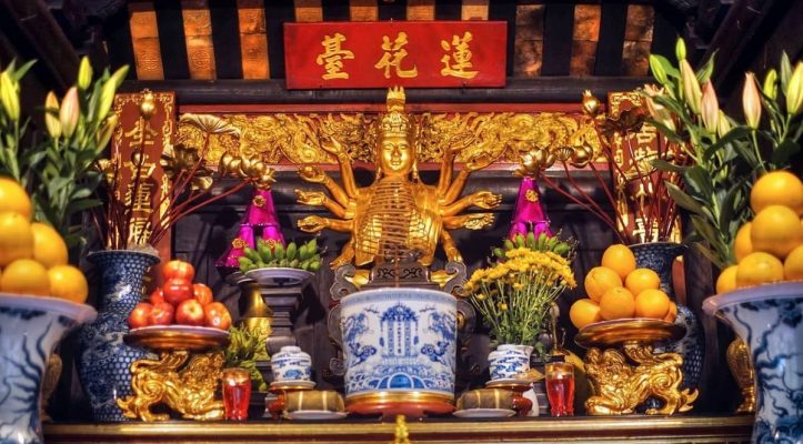 Inside the One Pillar Pagoda is a shrine to Bodhisattva Avalokitesvara.