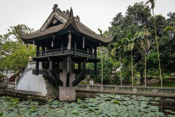 The pagoda is designed like a lotus in the middle of a lake.