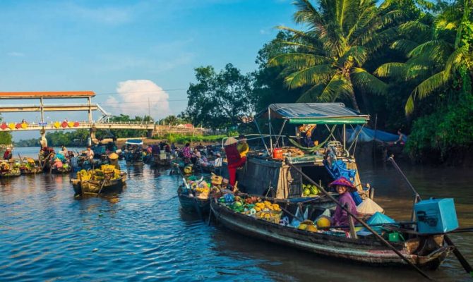 Floating markets are places of cultural exchange between regions of the Mekong Delta.